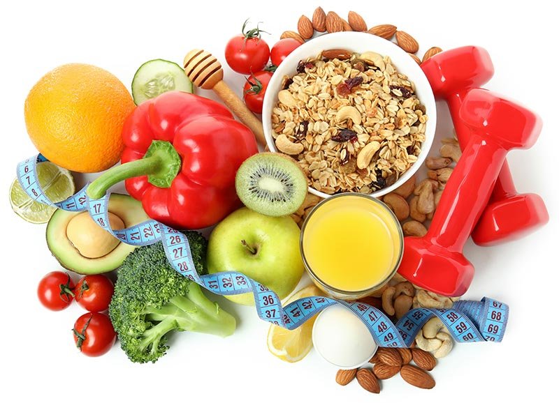 Fruits and Vegetables and dumb bells.