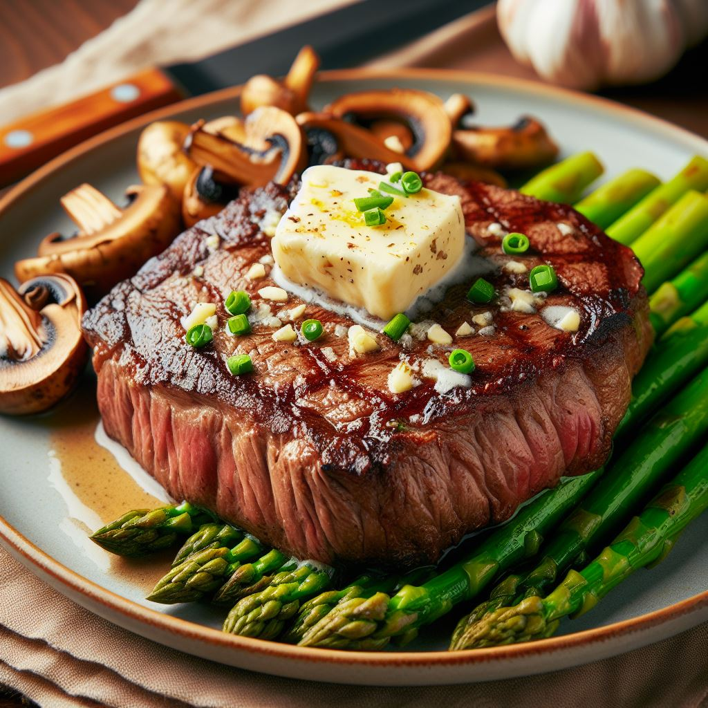 Keto Steak with Butter asparagus and mushrooms